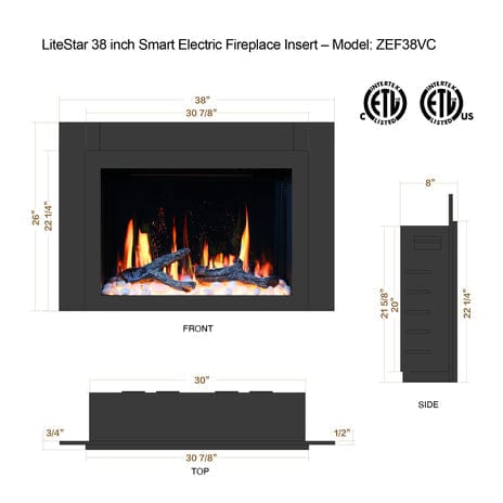 Litedeer Electric Fireplace Insert Litedeer LiteStar 38-in Smart Electric Fireplace Insert - Black - ZEF38VCC
