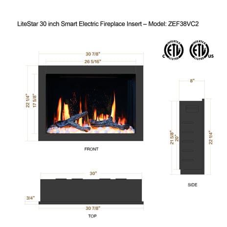 Litedeer Electric Fireplace Insert LiteStar 30-in smart electric fireplace insert with wifi crackling fire sounds crystal media, Black - ZEF38VCII