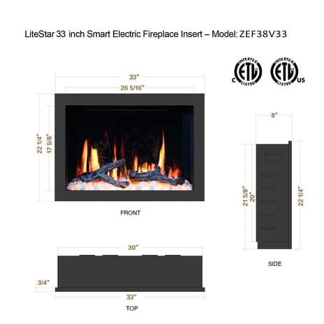 Litedeer Electric Fireplace Insert LiteStar 33-in smart electric fireplace insert with realistic flame crackling sounds, smart fireplace app,  black - ZEF38VC33A