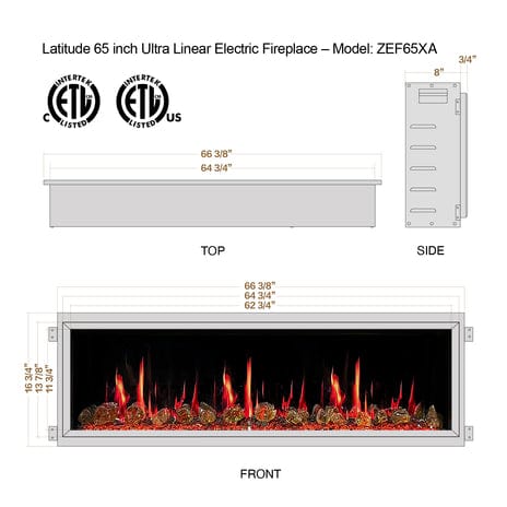 Litedeer Electric Fireplace Litedeer Homes Latitude 65" Smart Electric Fireplace with amber glass real flame crackling sounds - ZEF65XA