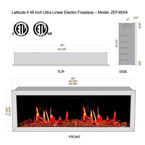 Litedeer Electric Fireplace Litedeer Latitude 48" Smart Wall Mount Electric Fireplace with Amber Glass - ZEF48XA, Black