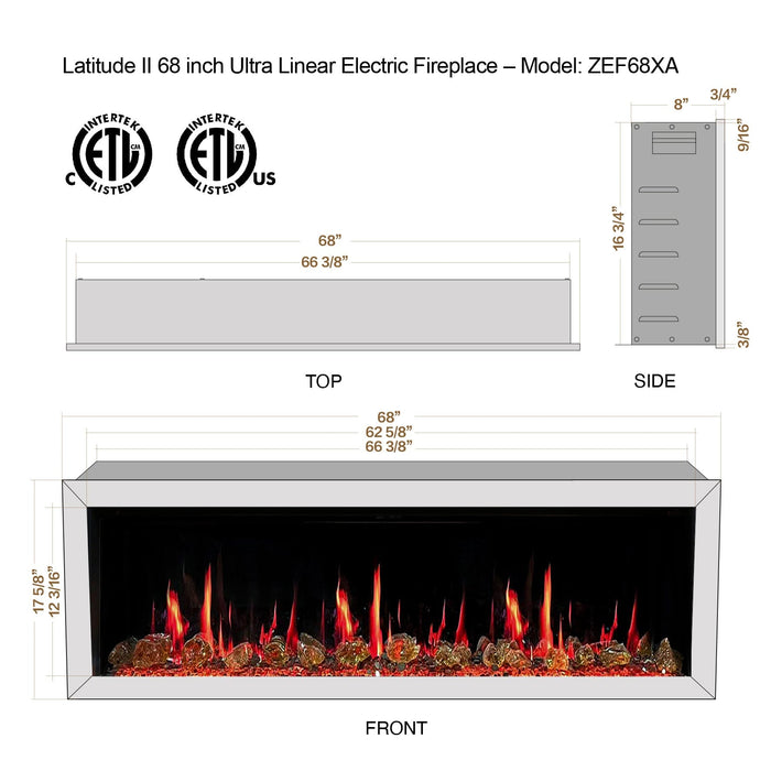 Litedeer Electric Fireplace Litedeer Latitude 68-in Smart Wall Mounted Electric Fireplace with Wifi Amber Glass - ZEF68XA