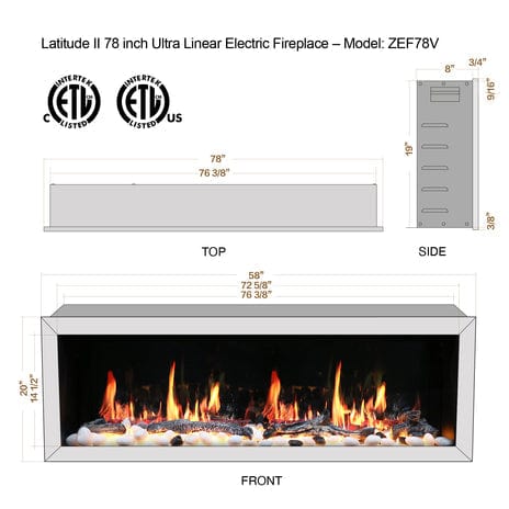 Litedeer Electric Fireplace Litedeer Latitude II 78" Smart Linear Electric Fireplace with App - ZEF78V,Black