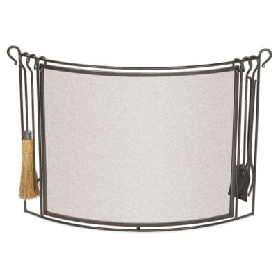 Pilgrim Fireplace Screens Pilgrim - Screen with Tools PG 18294 Fire screen lifts away for tending fire. 6.5” Depth. Vintage Iron. Overall 48”W, Screen 36”W x 30”H