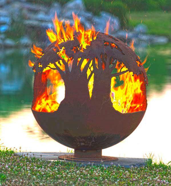The Fire Pit Gallery Fire Pit Spheres The Fire Pit Gallery - Tree of Life Fire Pit Sphere Flat Steel Base Electronic Ignition, Match Lit & Wood Burning
