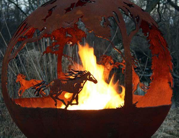 The Fire Pit Gallery Fire Pit Spheres The Fire Pit Gallery - Wildfire - Horse Themed Sphere Flat Steel Base Electronic Ignition, Match Lit & Wood Burning