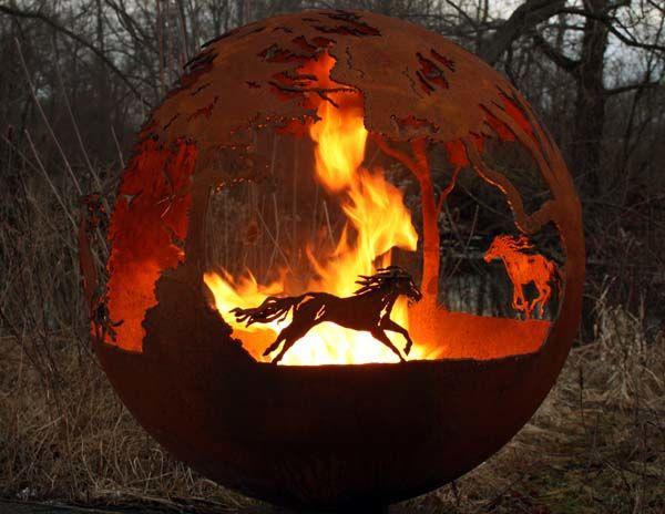 The Fire Pit Gallery Fire Pit Spheres The Fire Pit Gallery - Wildfire - Horse Themed Sphere Flat Steel Base Electronic Ignition, Match Lit & Wood Burning
